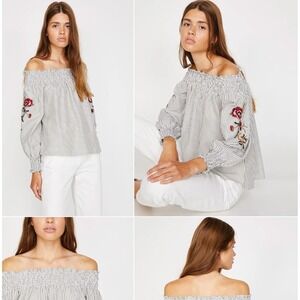 NEW KOTON Bardot Blouse Striped‎ Off Shoulder Floral Long Sleeve- M Boho Y2K
